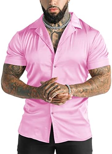Urru Luxury Silk Shiny, como camisa cetim, colar de colarinho cubano de manga curta casual slim fit button up camisetas