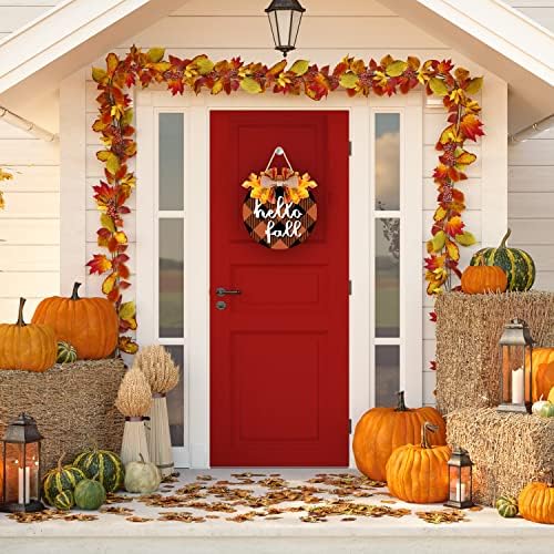 Olá, porta de outono, sinal de ação de graças na porta da frente Hello Fall Welcome plact com varanda decoração