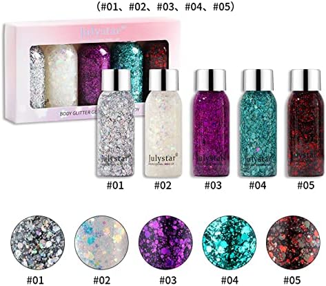 Roseflower rosa grossa corpo glitter gel 5 cores Conjunto de cosméticos e festas maquiagem de beleza com brilho brilho de brilho para rosto, corpo, cabelo, unhas - 30ml