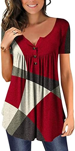 Qtthzzr plus size tops para mulheres colorido bloco de cor curta henley v pescoço plissou blusa casual camisetas camisetas