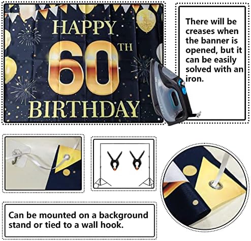 4 x 6ft feliz 60º aniversário decorações de festa banner Gold Black Sign - 60 anos de aniversário Booth Booth Backdrop Feliz