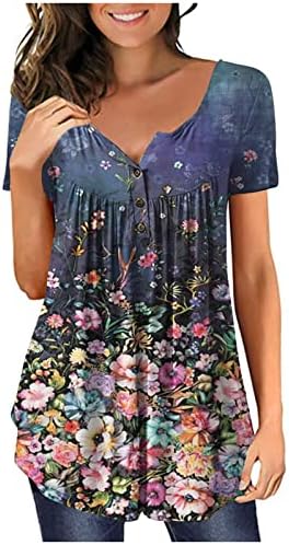 túnica lcepcy tops para mulheres por toda a camiseta impressa V Botão de pescoço Roughed Bloups Summer Casual Casual Camisetas Tee