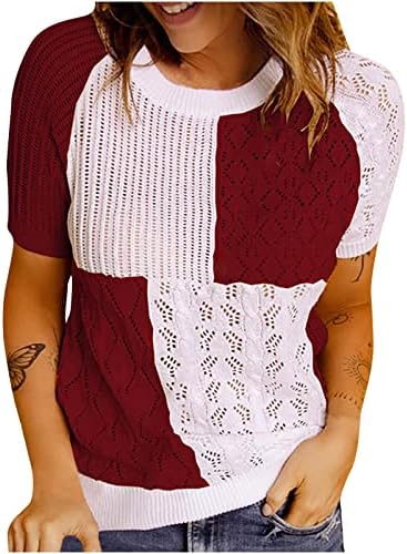 Camisa de meninas 2023 Manga curta Crewneck Boat Boat Back Crochet Patchwork Blouse Blush Tee para o outono de inverno feminino