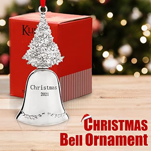 Klikel Christmas Bell Ornament 2021 - Ornamento de Natal de prata brilhante 2021 - Ornamento de sino de prata de árvore de Natal
