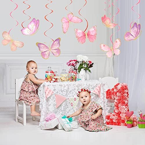 Decorações de redemoinho de borboleta rosa para meninas, 16 peças Butterfly Birthday Party Supplies, decorações de borboleta para primavera e verão, decoração de borboleta aquarela