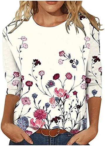 T-shirt de impressão floral de manga 3/4 feminina Tops casuais confortáveis ​​para meninas adolescentes Crega da tripulação camisetas