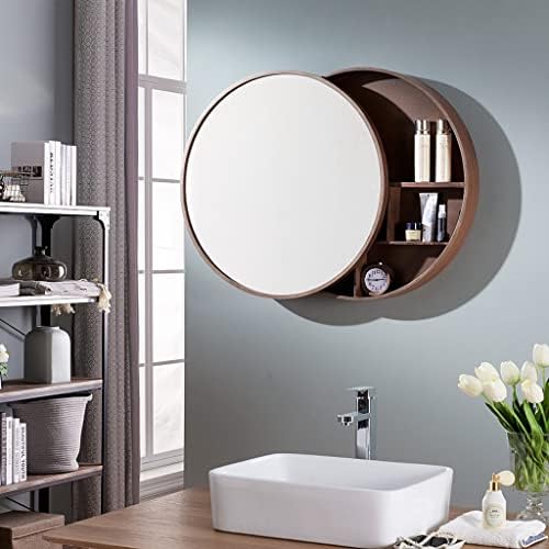 Fifor Banheiro Cabinetes de Medicina, armário de espelho redondo-puxado, espelho de maquiagem com armazenamento interno de 3 camadas,