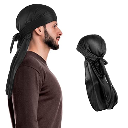 Wllhyf Silk Durag Long Tail Durag Durag respirável Pirata Headwraps Cap para 360 Ondas de Bandana Soft Bandana Chapéu