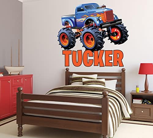 Decalque de caminhão monstro - Nome das crianças Decoração de parede - Nome personalizado Decalques de parede para meninos Bedroom - Arte da parede de caminhões de monstro personalizada