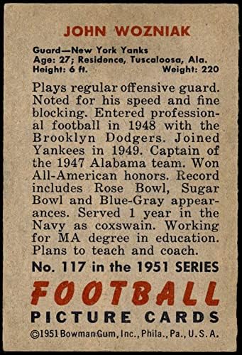 1951 Bowman 117 John Wozniak Yankees-FB VG/Ex+ Yankees-FB Alabama