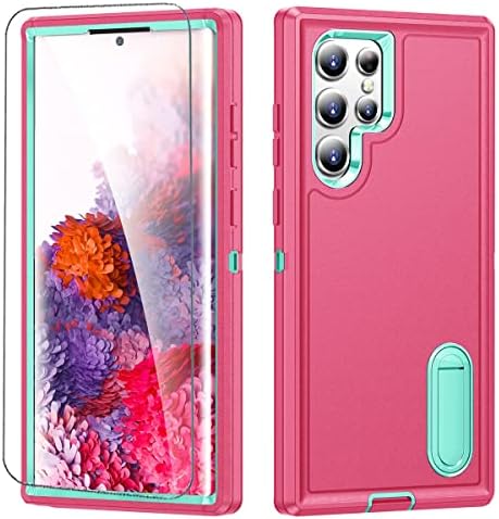 Design JscComyap para Samsung Galaxy S22 Caixa de telefone Ultra 5G com protetor de tela temperado e incorporado Invisible Kickstand Hybrid Hybrid Drop Rugged Drop Protection para mulheres 6.8 Pink