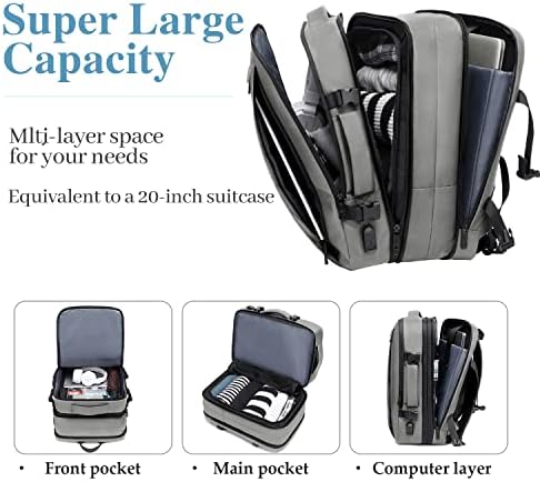 Mochila de laptop de viagem, Mochila de Carga Expansível Expandível de 25-40L para homens com porto de carregamento USB, Mochilas