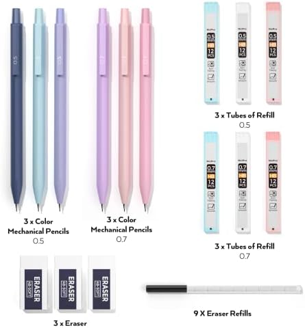 Conjunto de lápis mecânicos pastel nicpro, 9 PCs Lápis mecânicos fofos 0,5 e 0,7 mm, com 9 tubos hb chumbo reabastecendo,