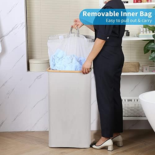 cesta de lavanderia grande efluky com tampa, cesta de lavanderia alta com alças de bambu para armazenamento de roupas e brinquedos, cesto de lavanderia dobrável com bolsa interna para quarto e banheiro, bege