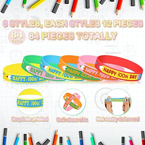 84 PCs 100º dia de braceletes escolares coloridas Feliz 100º dia Bracelets de borracha 100º dia de escola Favorias