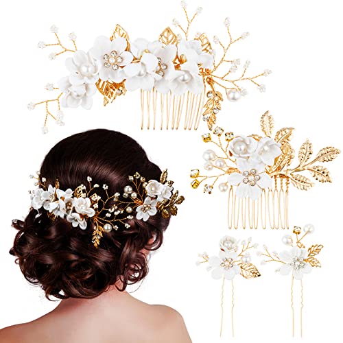 Cabeças de panela para casamento 4 Pacote de cabelo artesanal Conjunto de pente de flores brancas Acessórios para