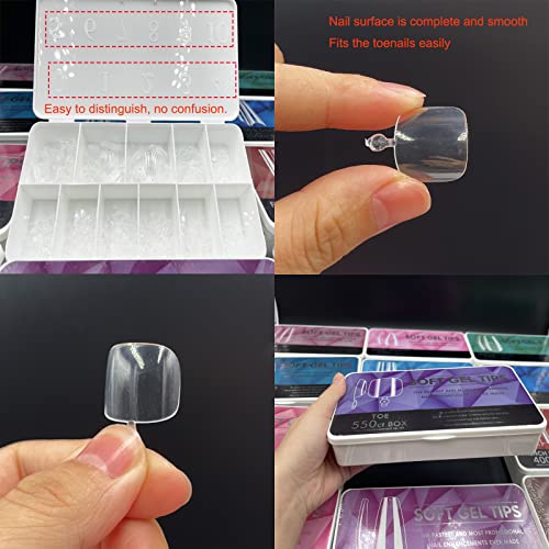 550pcs gel macio capa completa toe unhas, 11 tamanhos Dicas de unhas de gel pregos falsos unhas artificiais com estojo, qiwey