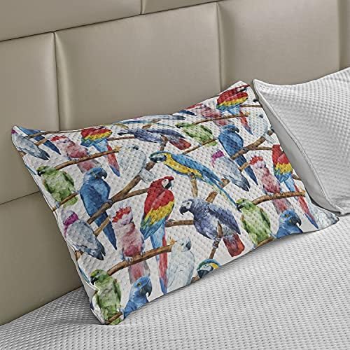 Papagaios lunaráveis ​​Conjunto de capa de travesseiro acolchoado de 2, papagaios coloridos em galhos de árvores Exótico da selva
