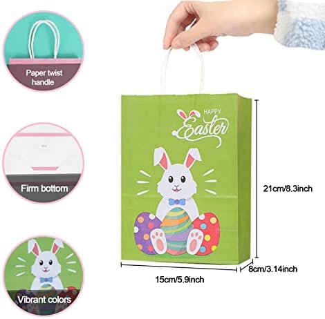 GONLEI 16 PCS Páscoa Bolsa de papel de coelhinho, 8,3 polegadas com Handles Bunny Egg Easter Kraft Paper Treat Sachs,