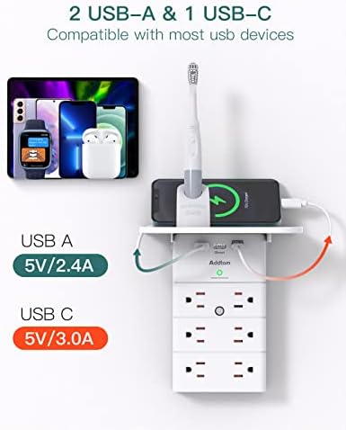 Extender de saída de parede com prateleira, Addam Multi Plug Outlet Surge Protector com 12 lojas ac e 3 portas USB, tira