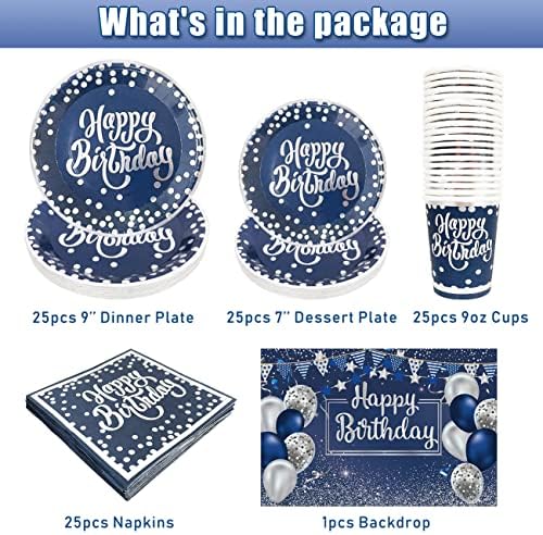 Decorações de aniversário azuis e prateadas da Marinha Os suprimentos para festas de aniversário para homens serve 25 convidados incluem pratos, xícaras e guardana