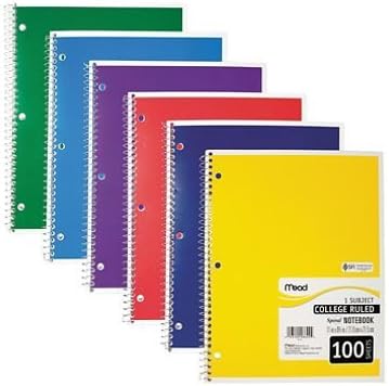 Caderno em espiral mead, faculdade governou, 1 assunto, 100 folhas, 11 x 8,5, cores variadas