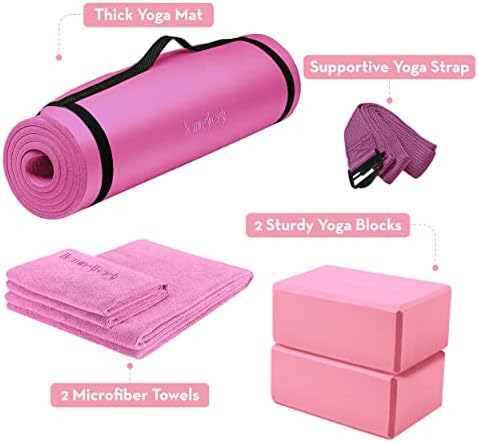 Hemingweigh yoga tapete grosso, kit de ioga para exercícios em casa, tapete de ioga de 1/2 polegada de espessura para mulheres, homens, tapete de ioga não deslizante com blocos de espuma de ioga, cinta de ioga, 2 toalhas de microfibra, amigável para iniciantes