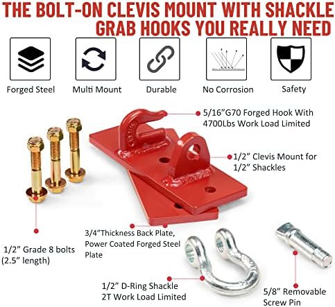 Ganchos de caçamba do trator Onechoi, parafuso no suporte da Clevis com algemado de 1/2 ”, ganchos de 5/16” de aço G70, calçadas com placa com placa de patrocinadora, gancho de reboque para carros para caminhão de carro