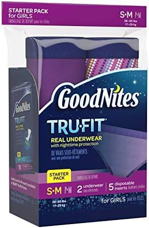 Goodnites Tru-Fit Real Rouphe com pacote de partida de proteção noturna para meninas, tamanho pequeno e médio, 7 contagem