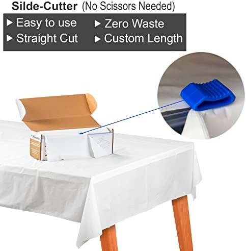 CELATALIA 120 pés por 54in White descartável rolo de toalha de mesa com cortador de lâmina, mais 6 clipes de tampa de mesa de metal | Para qualquer tamanho/forma