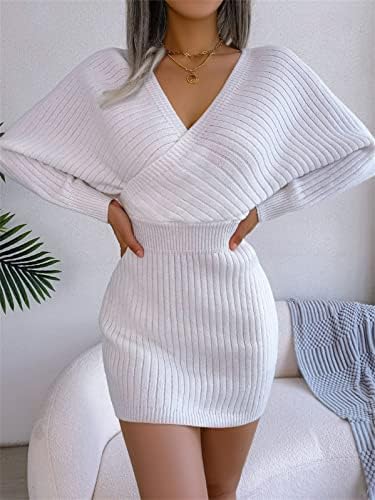 Moda feminina Sexy Cross V Neck Bat Skirt Com Salia de suéter de lã de vestido de quadril