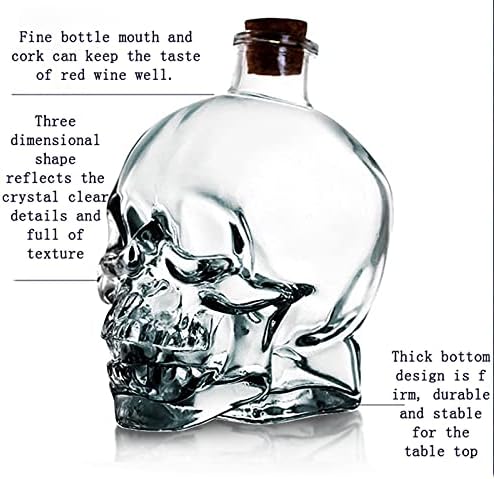 Decanter de crânio, garrafa de crânio 3D de cristal de vidro sem chumbo com rolhas de cortiça, jarra de pedreiro para vodka, uísque,