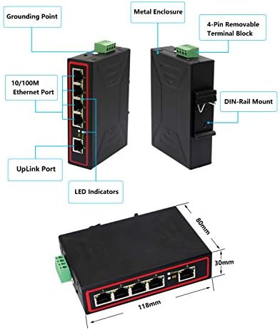 Switch Cerrxian Industrial 5 Port Ethernet Din -Rail, 10/100m Switch de rede Support IEEE802.3 - Distância de transmissão 820,2ft