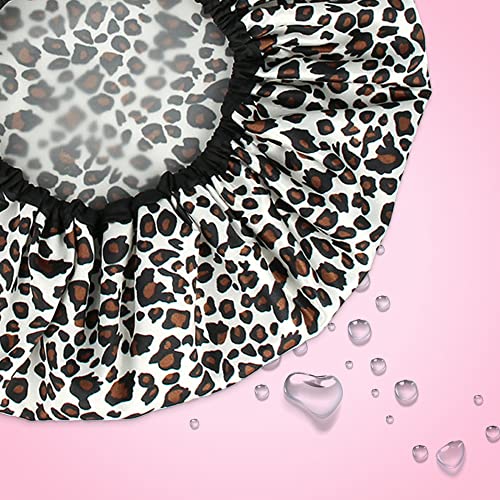 Capace de chuveiro para mulheres com estampa de leopardo branco - grande abertura para cabelos curtos e longos - boné de cabelo reutilizável para mulheres, homens e crianças