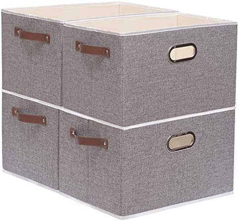 Yawinhe Bins de armazenamento dobrável, 16,9 x 11,8 x 10,2 polegadas, caixas de armazenamento de cubo, lixeiras de armazenamento dobráveis ​​de tecido Recipientes organizadores com alças de couro duplo para escritório de armário doméstico