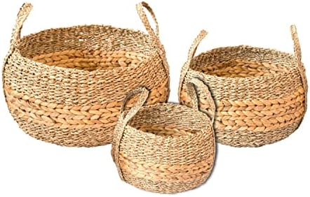 Lilacraft Conjunto 3 cesto de armazenamento natural para organizar, cestas de vime, cestas de armazenamento de ervas marinhas trançadas para lavanderia, quarto, sala de estar, escritório - Defina 3 bins naturais de tamanhos diferentes