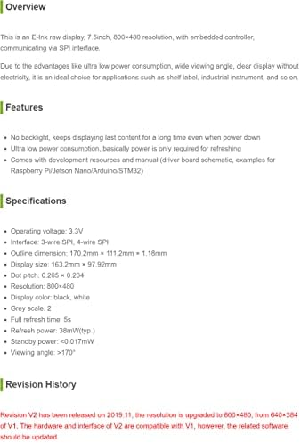 WaveShare 7,5 polegadas Exibição bruta E-tinta compatível com Raspberry Pi 4b/3b+/3b/2b/b+/a+/zero/zero w/wh/zero 2w placas de