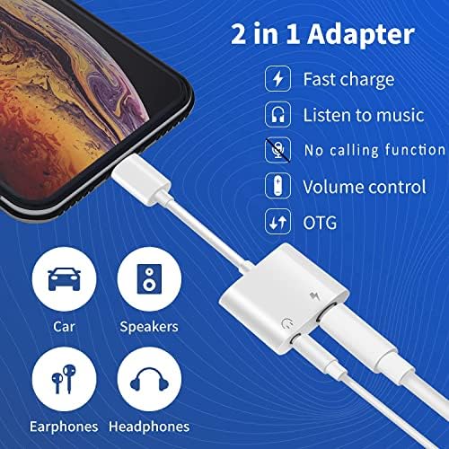 2Pack Lightning para adaptador de tom de fone de ouvido de 3,5 mm, [certificado MFI] 2 em 1 Lightning para 3,5 mm AUX Audio + Charger Splitter Compatível com iPhone 13/12/11/XS/XR/X 8/Support Music Control, não é possível para chamada