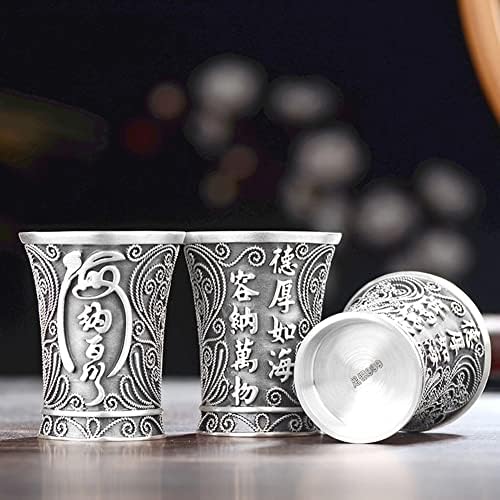 999 STERLING Silver Sake Flagon Conjunto, conjunto de xícaras de toteem de caracteres chineses esculpidos à mão, presente de