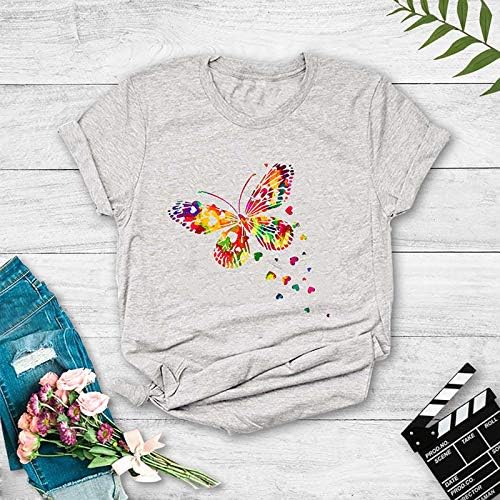 Camisetas de verão feminino tampos de borboleta colorida tampas de manga curta Blusa casual de manga curta camisetas leves e confortáveis