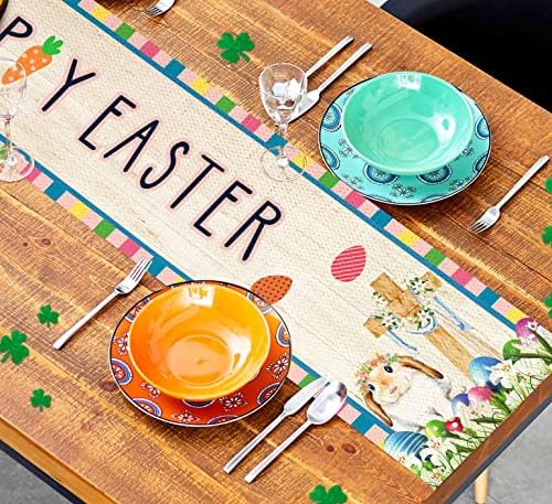 Flchwy Happy Easter Bunny Table Runner, Páscoa Jesus Cruz Cross Buffalo Plaid Table Runner, Seasons Spring Dining Room