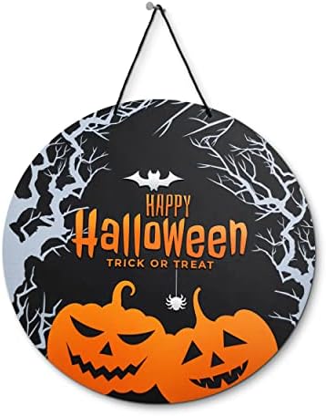 Happy Halloween truque ou trava decoração de sinal 18 -com abóboras de jack-o-lanterna, aranha, morcego, árvores iluminadas pela lua. Cabine de porta de bruxa gótica divertida para fazenda assustadora, estilo boho, quarto de garoto