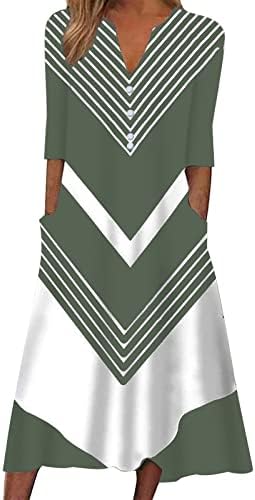 vestido de primavera casual feminino lcziwo botão listrado de impressão listrada do pescoço V vestido midi de manga média com bolso com bolso