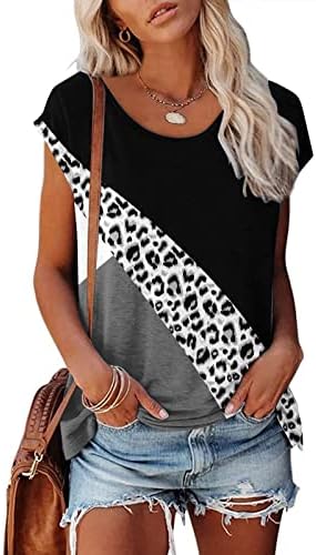 Camisetas femininas blocos de cor de estampa de leopardo Tops de tampa de tampa camisetas de pescoço redondo 2023 Blouses