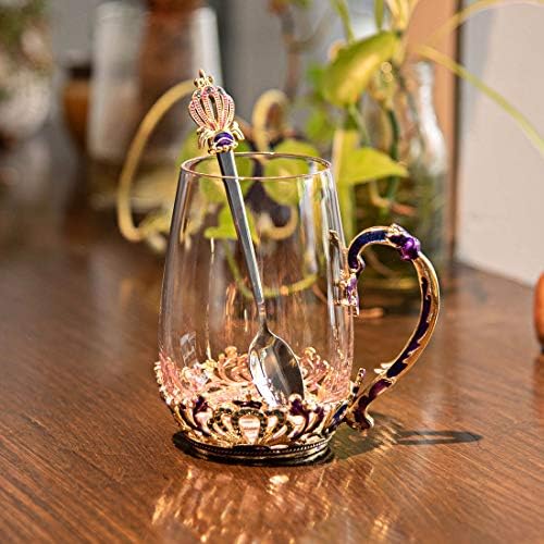Swthony Glass Tea Cup com colher de estilo europeu de vidro esculpido de vidro de vidro de vidro de copos de café com copos de shinestone bebendo xícaras de chá sofisticadas presas de aniversário para mulheres para mulheres esposa mãe avó