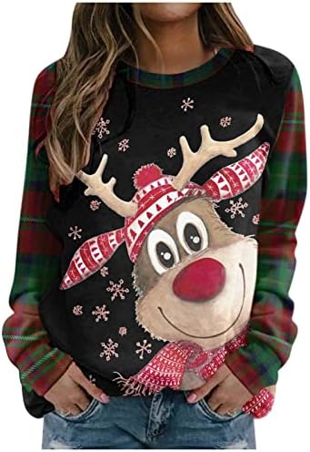 Natal de manga comprida moletom para mulheres Pullover de rena fofo Top Glitter Xmas Tree Elk Plaid Crewneck Tunic Shirt