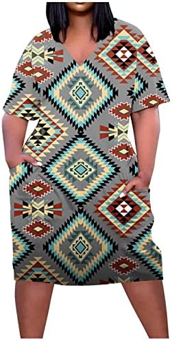 Vestido ocidental de tamanho grande para mulheres vestido étnico de impressão asteca Boho Sun Dress Slova curta Moda Tunic Top Dress com bolsos