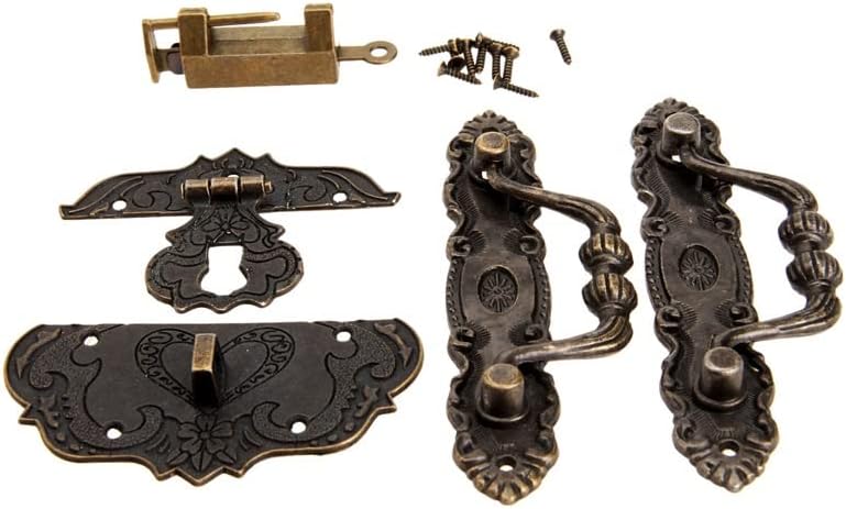 GKMJKI 4PCS/Set Móveis Cabinete Pull Handle+Caixa de jóias de bronze antiga chinesa Lock Antic+Box Boleth Hasp Retro Hardware Acessórios