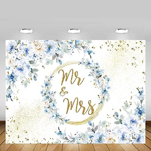 Mehofond 10x7ft Blue Floral Cenário para Sr. e Sra. Engajamento Decorações de festa Casais Casamento Dots dourados Glitter