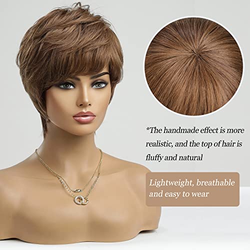 CAVIO DE CAVIO CURTO TIRADO BROWN Human Human Wigs para mulheres, Pixie Cut Curly Wig com Wigs Bang sem glú. Uso diário natural